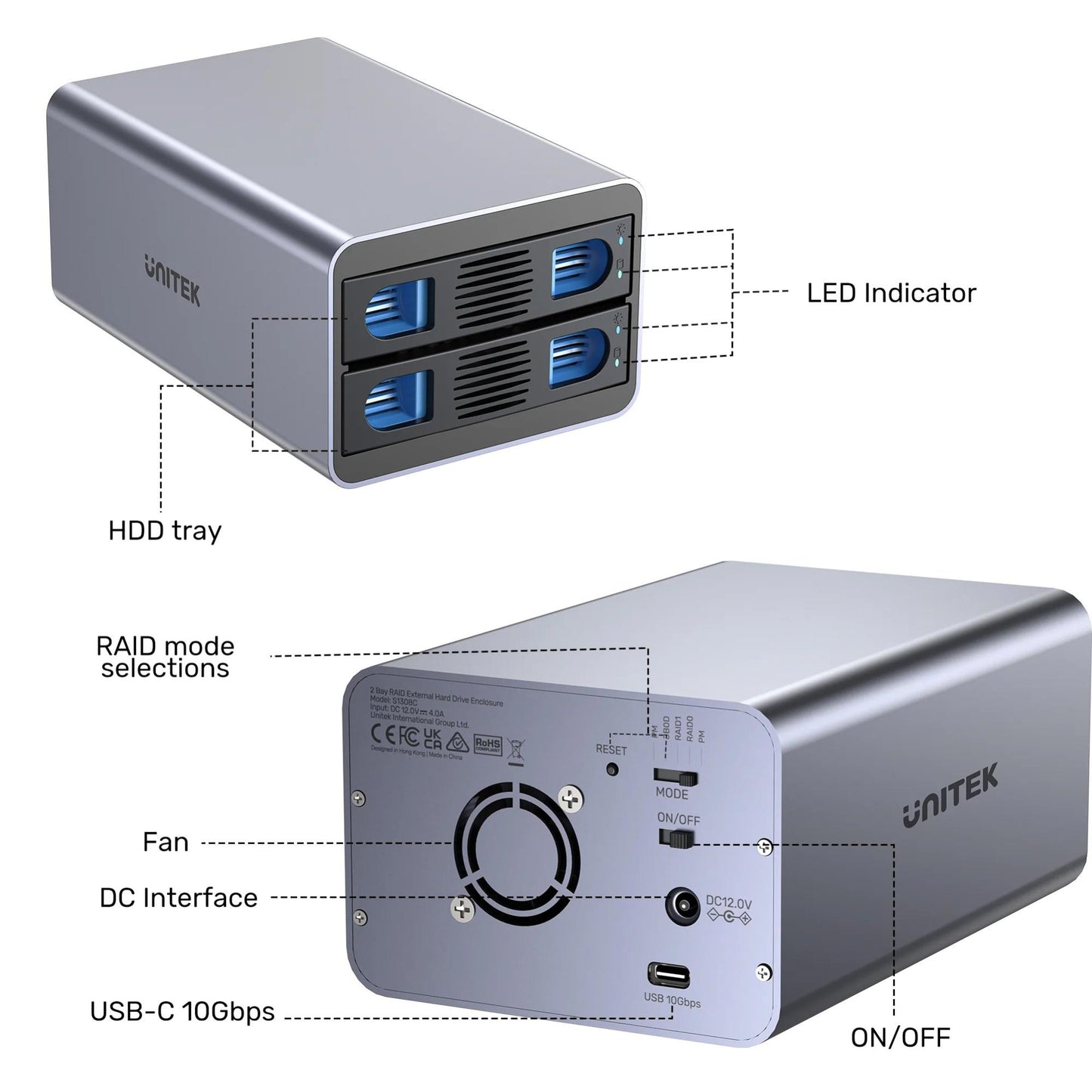 Unitek USB3.2 Type-C 10GB/SATA 2 BAY SATA HDD RAID ENCLOSURE