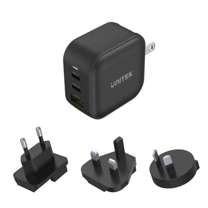 Unitek Travel Tri GaN 3 Ports 66W Charger with USB PD, QC 3.0, with EU, UK and AU Plug, Black, Unitek Gift Box