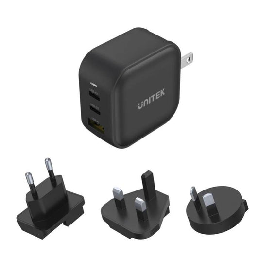 Unitek Travel Tri GaN 3 Ports 66W Charger with USB PD, QC 3.0, with EU, UK and AU Plug, Black, Unitek Gift Box