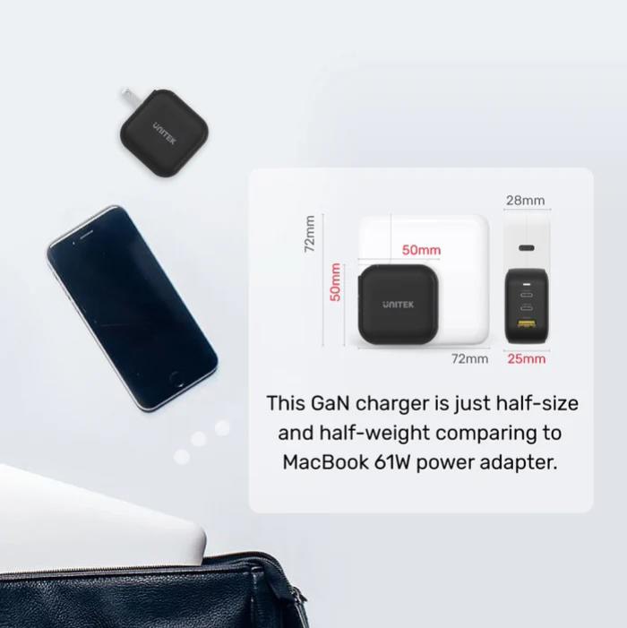 Unitek Travel Tri GaN 3 Ports 66W Charger with USB PD, QC 3.0, with EU, UK and AU Plug, Black, Unitek Gift Box