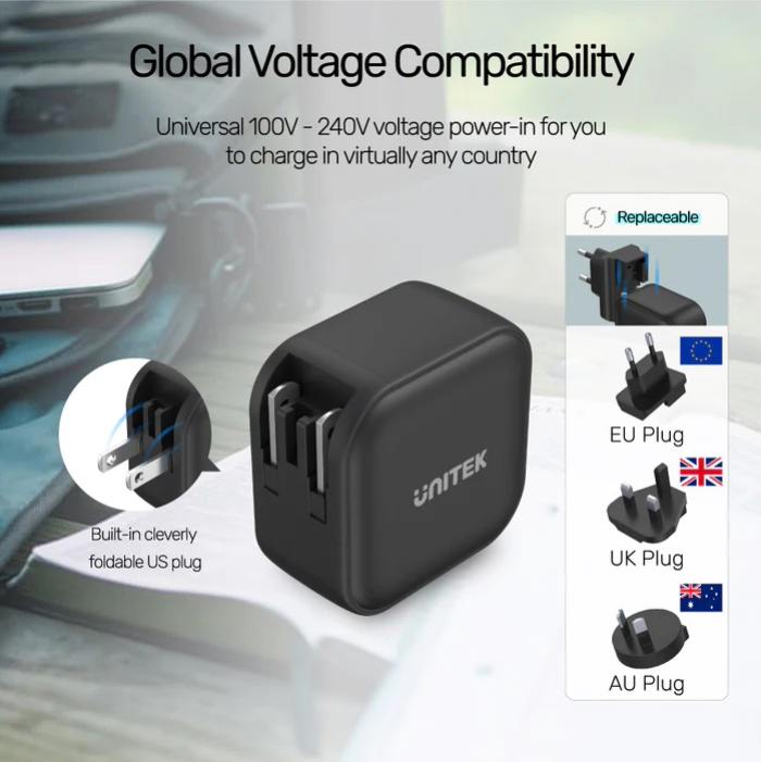 Unitek Travel Tri GaN 3 Ports 66W Charger with USB PD, QC 3.0, with EU, UK and AU Plug, Black, Unitek Gift Box