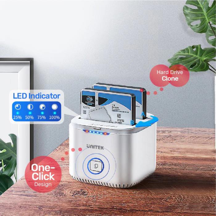 Unitek USB-C to 2.5" Dual SATA 6G Hard Disk Docking Station with Offline Clone, AU 5V2A Power Adapter, White