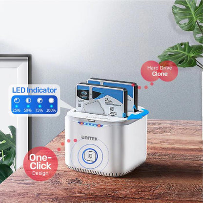 Unitek USB-C to 2.5" Dual SATA 6G Hard Disk Docking Station with Offline Clone, AU 5V2A Power Adapter, White