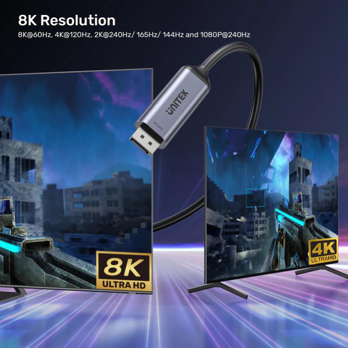 Unitek USB-C to DisplayPort 8K@60Hz BiDirectional 1.8m Cable, backward compatible, Support: HDCP 2.3, Dynamic HDR, Data transfer rate of 10Gbps