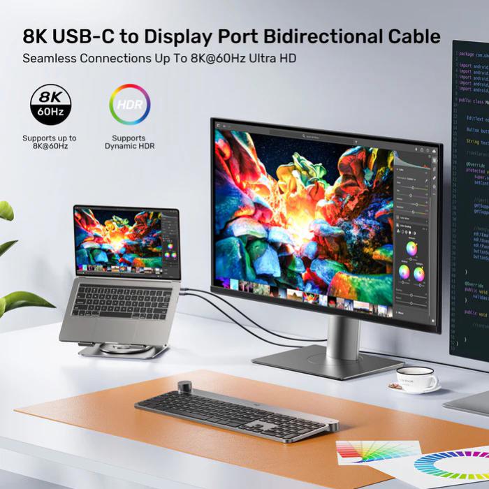 Unitek USB-C to DisplayPort 8K@60Hz BiDirectional 1.8m Cable, backward compatible, Support: HDCP 2.3, Dynamic HDR, Data transfer rate of 10Gbps