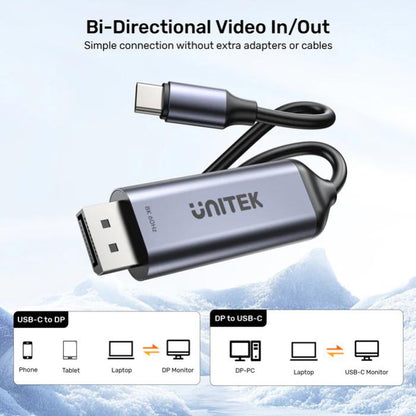 Unitek USB-C to DisplayPort 8K@60Hz BiDirectional 1.8m Cable, backward compatible, Support: HDCP 2.3, Dynamic HDR, Data transfer rate of 10Gbps