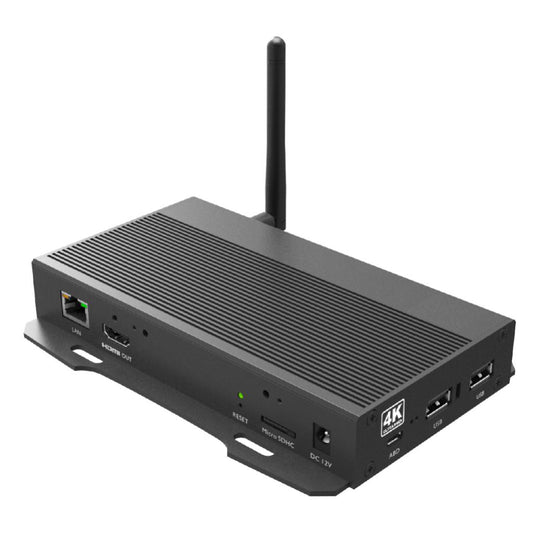 Qbic BXP-300 4K-UHD Media Player. 4K (3840x2160) @ 60fps. ARM Quad-Core 1.8GHz CPU. Mali-T764 GPU. 2GB DDR4. 32GB Storage. Android 12 OS