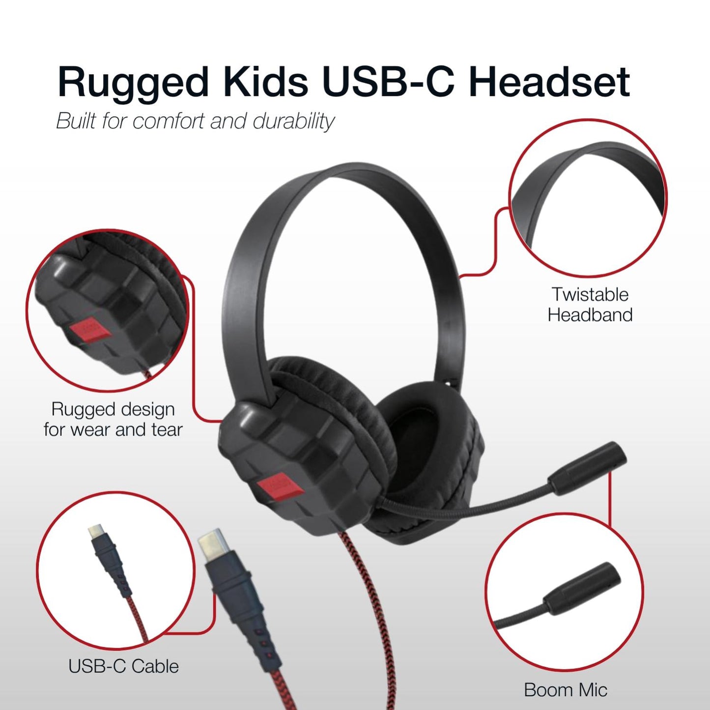 Shintaro Rugged Kids Headsets with Mic, Enhanced USB-C One Piece Mo, Twistable Headband, Adjustable, 40mm Driver for Smartphones, Tablets, and PC