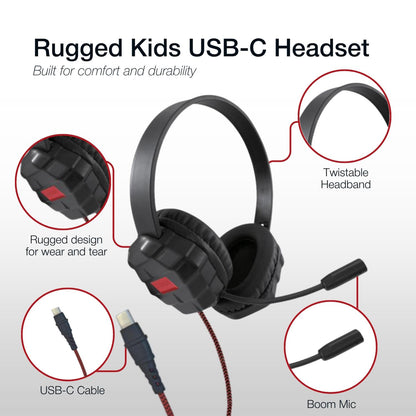 Shintaro Rugged Kids Headsets with Mic, Enhanced USB-C One Piece Mo, Twistable Headband, Adjustable, 40mm Driver for Smartphones, Tablets, and PC
