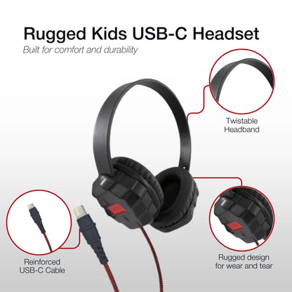 Shintaro Rugged Kids Headset with Enhanced USB-C Reinforcement, 40mm Drivers, Twistable Headband, Volume Cap, 1.5M Cable for Smartphones, Tablets & PC