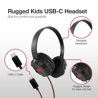 Shintaro Rugged Kids 1.5M Cable 40mm Drivers, Twistable Headband, Volume Cap, USB C Headset Headphone