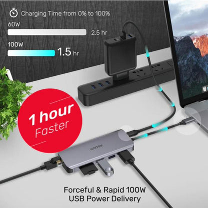 Unitek 9-in-1 USB-C, 4K Hub, 30Hz, USB3.0 x3, HDMI, VGA, RJ45, SD, Micro SDCard Reader, 100W
