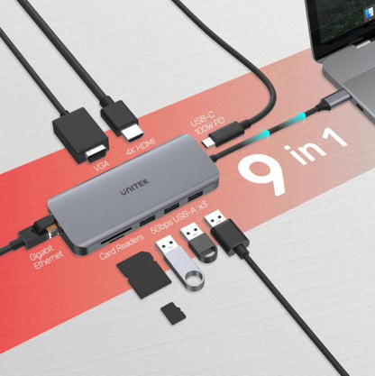 Unitek 9-in-1 USB-C, 4K Hub, 30Hz, USB3.0 x3, HDMI, VGA, RJ45, SD, Micro SDCard Reader, 100W