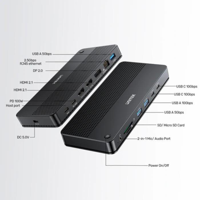 Unitek 13-in-1 USB-C, 8K Universal Docking Station, 30Hz, 2 x HDMI 2.1 + 1 x DP 2.0, 100W, Black