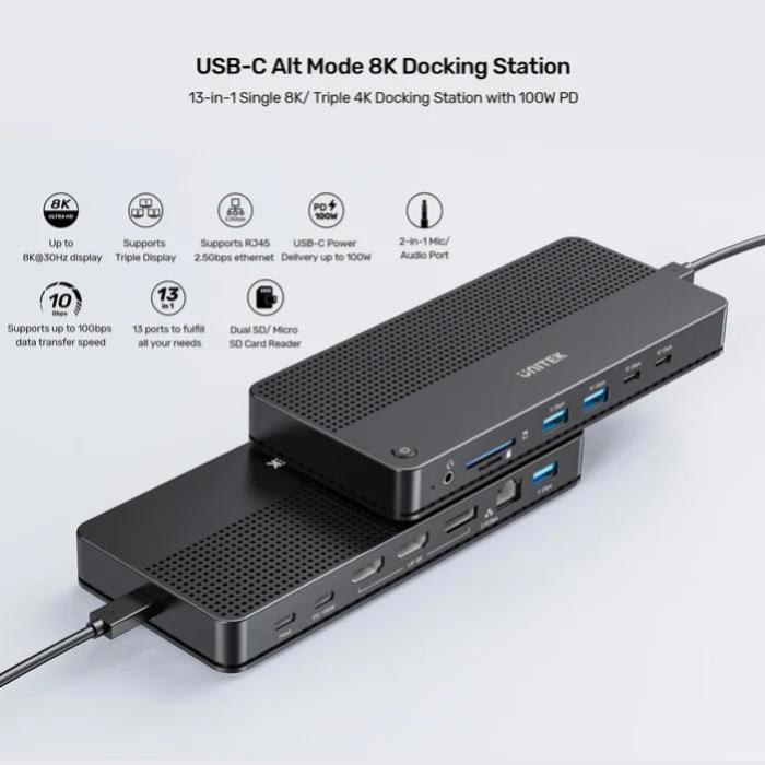 Unitek 13-in-1 USB-C, 8K Universal Docking Station, 30Hz, 2 x HDMI 2.1 + 1 x DP 2.0, 100W, Black