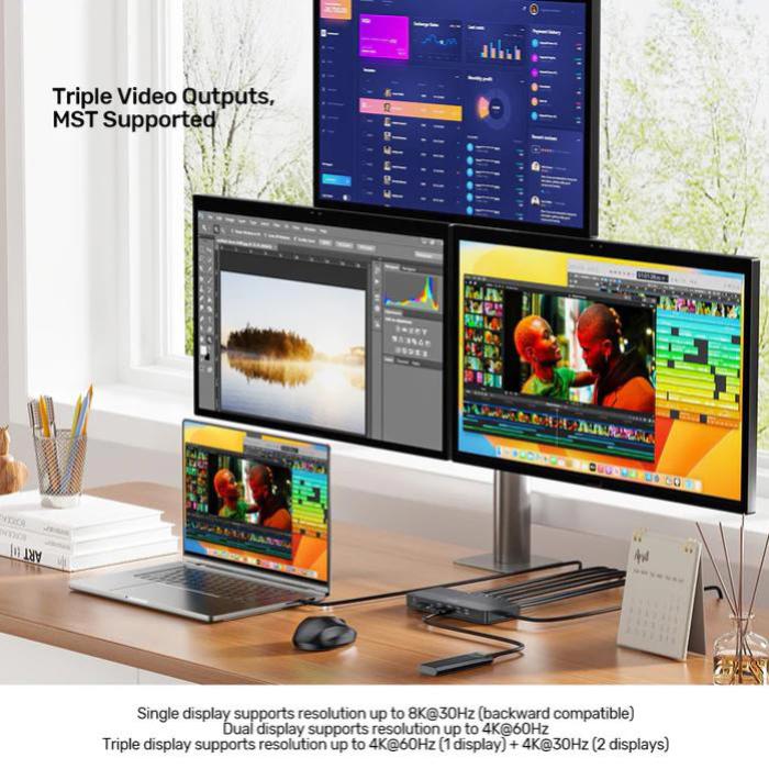 Unitek 13-in-1 USB-C, 8K Universal Docking Station, 30Hz, 2 x HDMI 2.1 + 1 x DP 2.0, 100W, Black