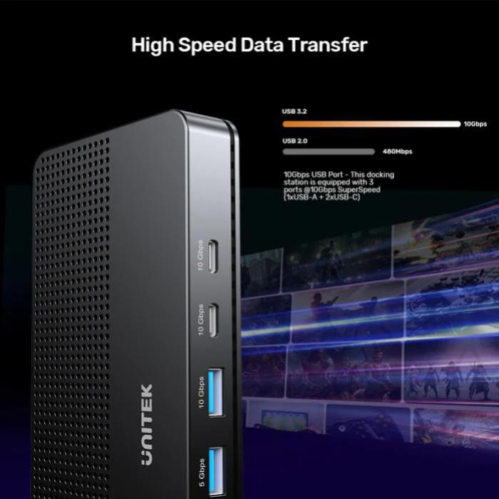 Unitek 13-in-1 USB-C, 8K Universal Docking Station, 30Hz, 2 x HDMI 2.1 + 1 x DP 2.0, 100W, Black
