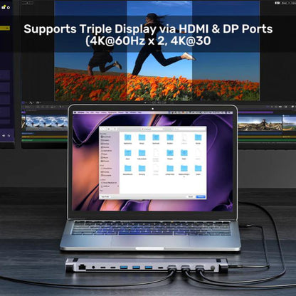 Unitek uHUB15+ USB-C Triple 4K KVM Docking Station, 2x 5Gbps, 1x 10Gbps, 3x 10Gbps, 1x PD 100W, 1x DC5V, Grey