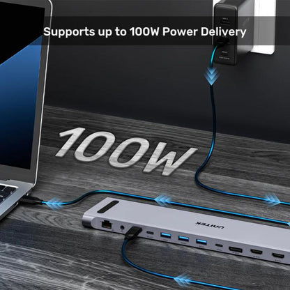 Unitek uHUB15+ USB-C Triple 4K KVM Docking Station, 2x 5Gbps, 1x 10Gbps, 3x 10Gbps, 1x PD 100W, 1x DC5V, Grey