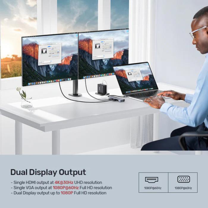 Unitek 9-in-1 USB-C 4K Hub with Dual Display, Dual Card Reader, USB-C PD 100W, Grey