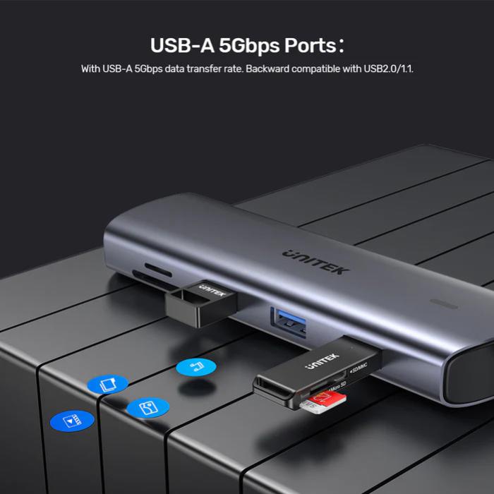 Unitek 9-in-1 USB-C 4K Hub with Dual Display, Dual Card Reader, USB-C PD 100W, Grey