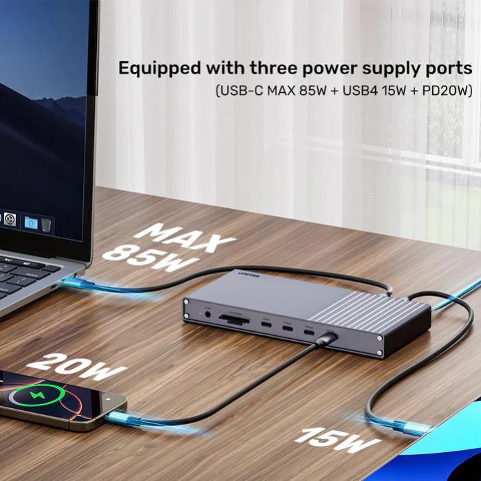 Unitek USB4 40Gbps Triple Display Docking Station, 1x 5Gbps, 2x 10Gbps, 1x PD20W, 1x Host, Grey