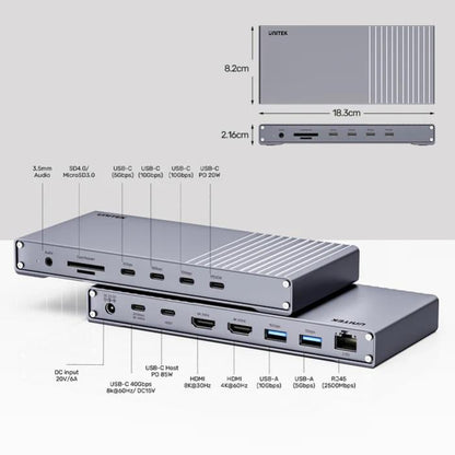 Unitek USB4 40Gbps Triple Display Docking Station, 1x 5Gbps, 2x 10Gbps, 1x PD20W, 1x Host, Grey