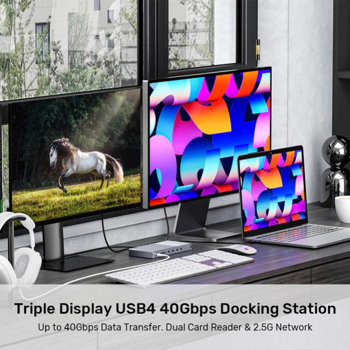 Unitek USB4 40Gbps Triple Display Docking Station, 1x 5Gbps, 2x 10Gbps, 1x PD20W, 1x Host, Grey