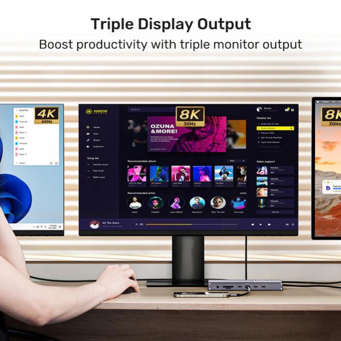 Unitek USB4 40Gbps Triple Display Docking Station, 1x 5Gbps, 2x 10Gbps, 1x PD20W, 1x Host, Grey