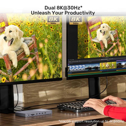 Unitek USB4 40Gbps Triple Display Docking Station, 1x 5Gbps, 2x 10Gbps, 1x PD20W, 1x Host, Grey