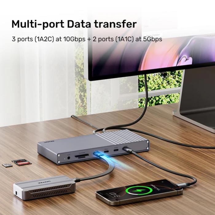 Unitek USB4 40Gbps Triple Display Docking Station, 1x 5Gbps, 2x 10Gbps, 1x PD20W, 1x Host, Grey