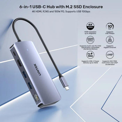 Unitek 6-in-1 USB-C Hub with M.2 SSD Enclosure, 1x USB-C, with PD100W USB-C Host Power, 1x HDMI, 2x USB-A, Ethernet RJ45 Jack, SSD Compatibility*