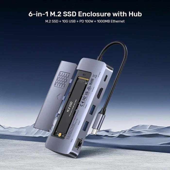 Unitek 6-in-1 USB-C Hub with M.2 SSD Enclosure, 1x USB-C, with PD100W USB-C Host Power, 1x HDMI, 2x USB-A, Ethernet RJ45 Jack, SSD Compatibility*