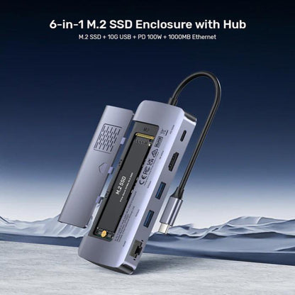 Unitek 6-in-1 USB-C Hub with M.2 SSD Enclosure, 1x USB-C, with PD100W USB-C Host Power, 1x HDMI, 2x USB-A, Ethernet RJ45 Jack, SSD Compatibility*