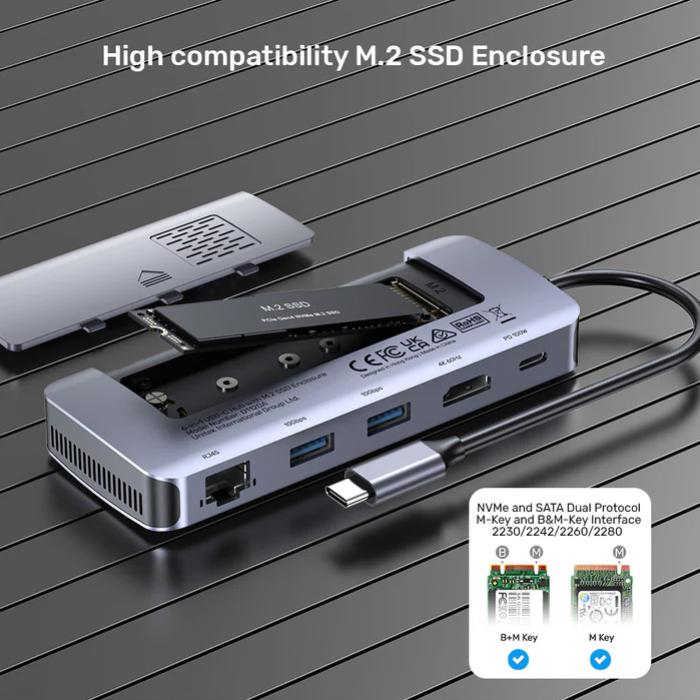 Unitek 6-in-1 USB-C Hub with M.2 SSD Enclosure, 1x USB-C, with PD100W USB-C Host Power, 1x HDMI, 2x USB-A, Ethernet RJ45 Jack, SSD Compatibility*