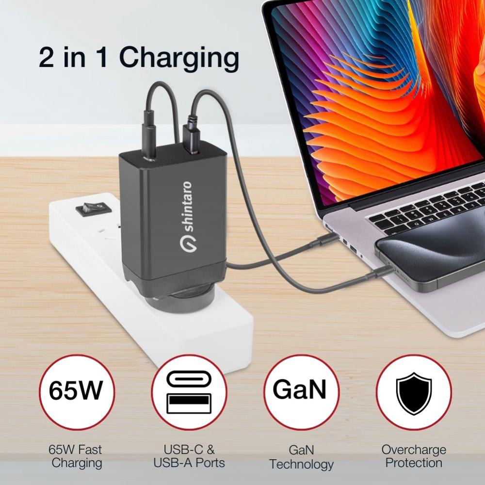 Shintaro 65W GaN Dual Port USB Wall Charger, USB-C & USB-A