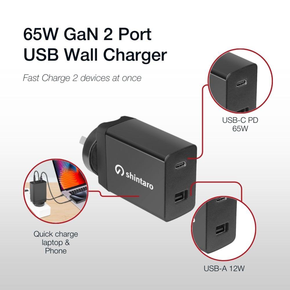 Shintaro 65W GaN Dual Port USB Wall Charger, USB-C & USB-A
