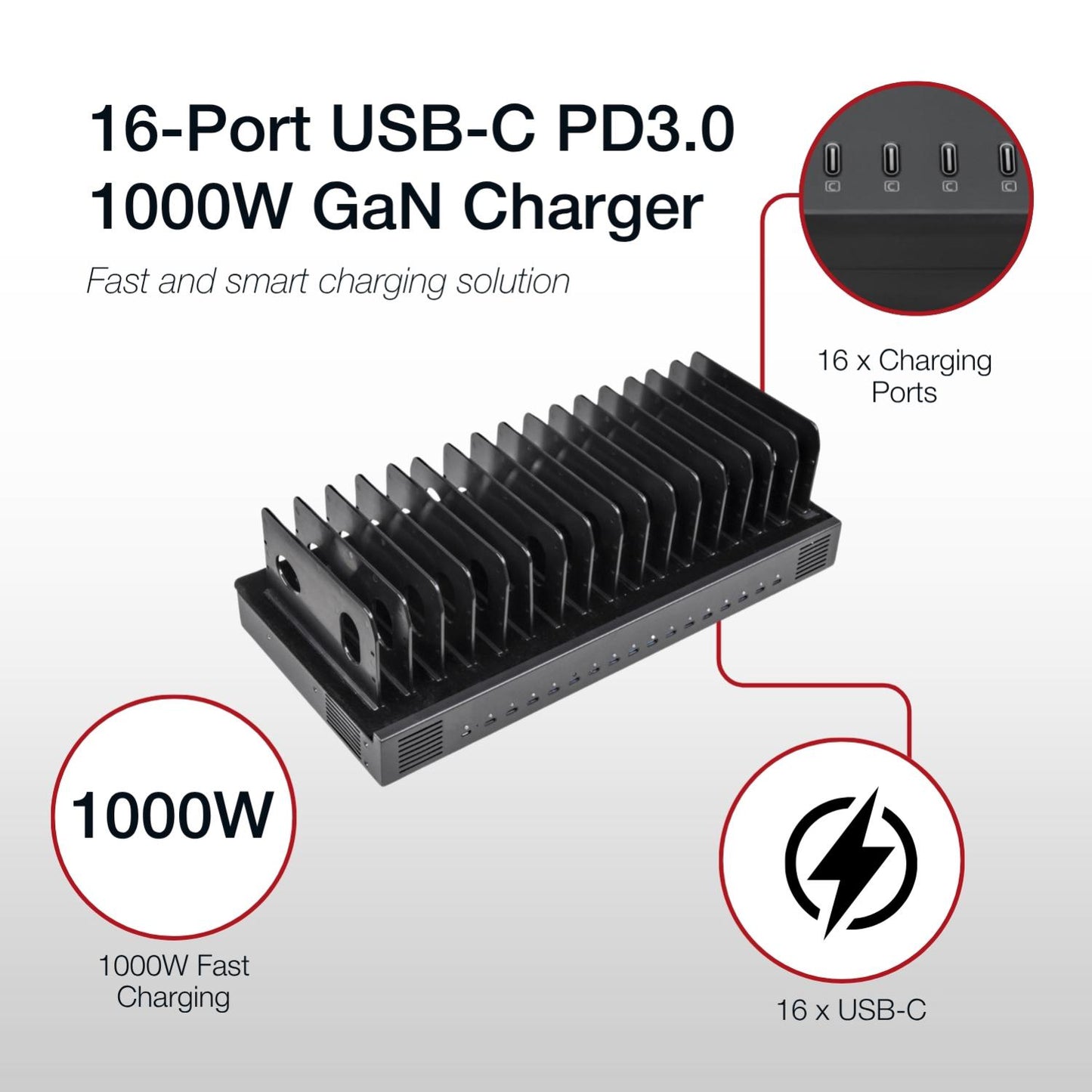 Shintaro 16-Port USB-C PD3.0 1000W GaN Charging Dock for Smartphone, Tablet, & Notebook Devices & Smart Power Management via InnovateCharger App.