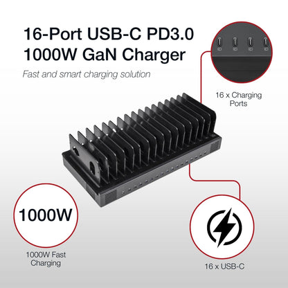 Shintaro 16-Port USB-C PD3.0 1000W GaN Charging Dock for Smartphone, Tablet, & Notebook Devices & Smart Power Management via InnovateCharger App.