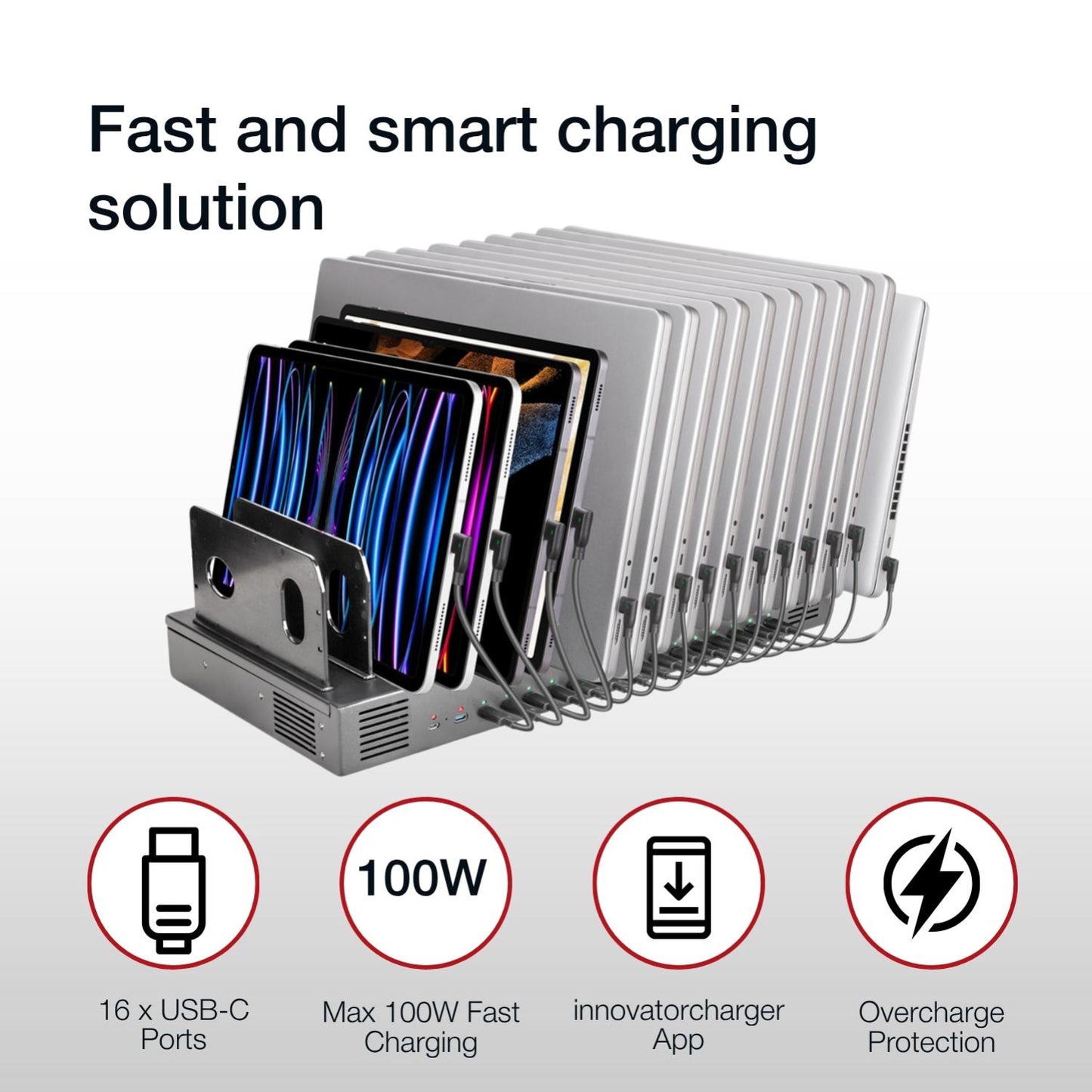 Shintaro 16-Port USB-C PD3.0 1000W GaN Charging Dock for Smartphone, Tablet, & Notebook Devices & Smart Power Management via InnovateCharger App.