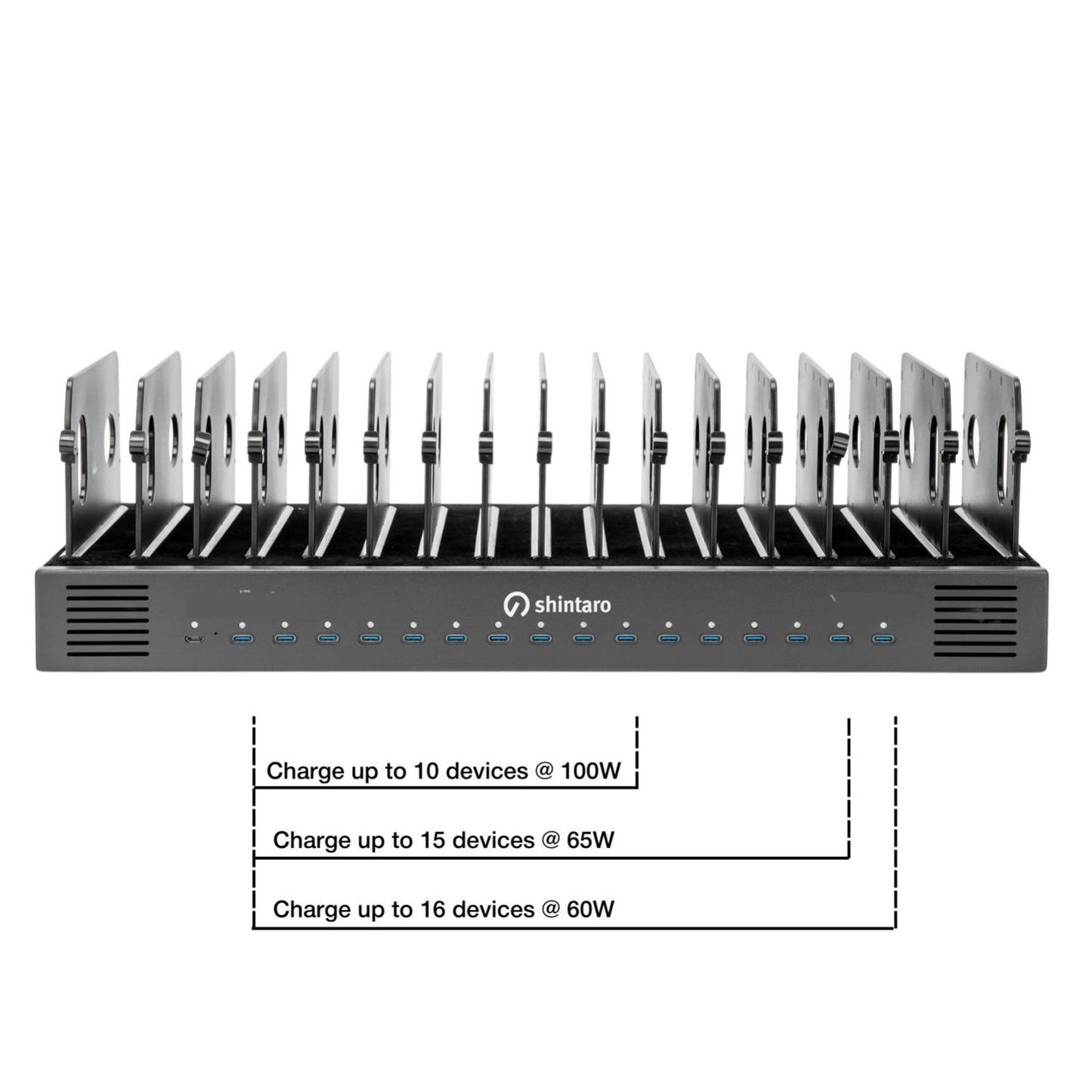 Shintaro 16-Port USB-C PD3.0 1000W GaN Charging Dock for Smartphone, Tablet, & Notebook Devices & Smart Power Management via InnovateCharger App.