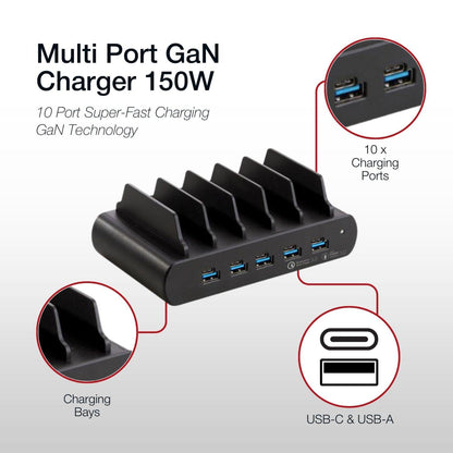Shintaro 150W 5-Port GaN Charger & Dock with Bays, USB-C/USB-A Multi-Port Charging for Laptops, Tablets, and Phones with Power Sharing
