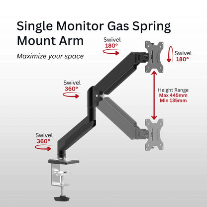Shintaro Single Monitor Mount for Up to 32" Screen, Gas Spring Arm, C-Clamp, Tilt, Height, 10kgs Max Load Weight