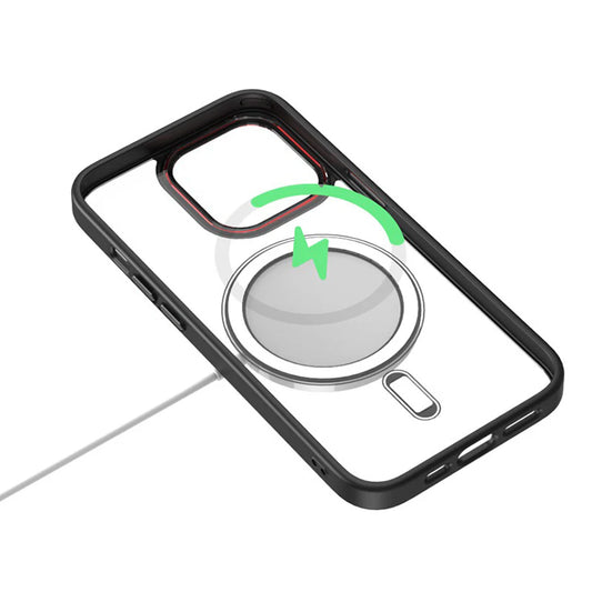 Phonix Case For iPhone 15 Clear Armor Hard Case Magnetic With Metal Lens Protection Ring Black