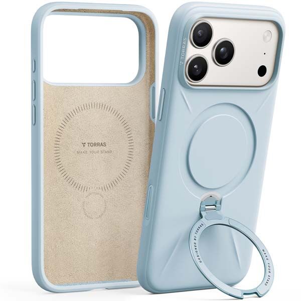 Torras Ostand Spin Silicon MagSafe Case for iPhone 17 Pro Max - Baby Blue