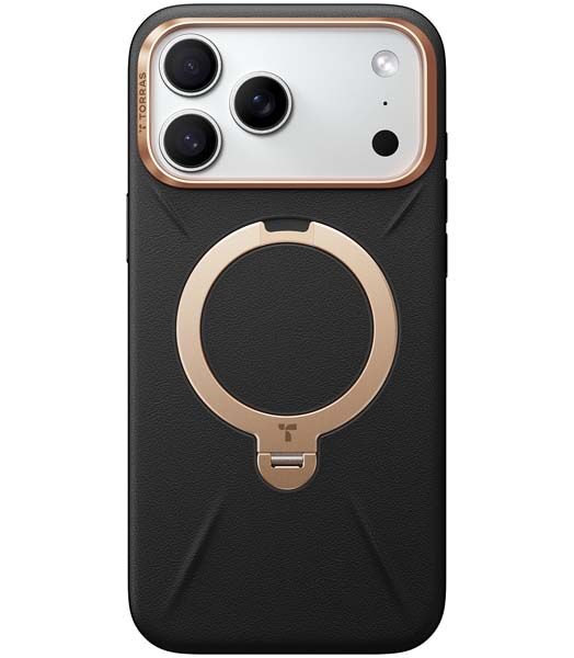 Torras Ostand Spin Fusion Vegan Leather MagSafe Case for iPhone 17 Pro Max - Black / Gold