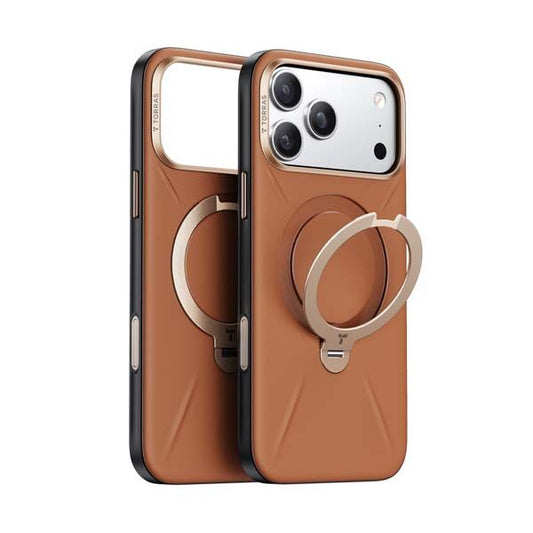 Torras Ostand Spin Fusion Vegan Leather MagSafe Case for iPhone 17 Pro - Elegant Brown