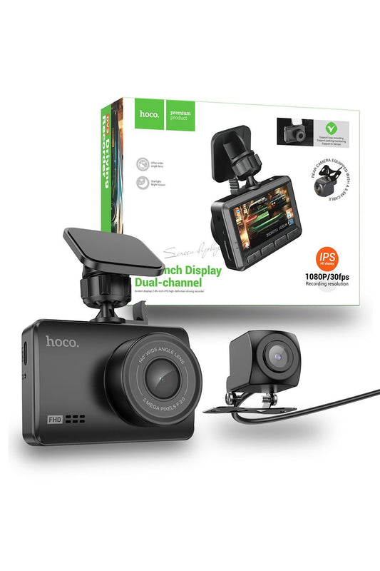 Hoco DV3 Driving Dual Channel HD Recorder Car Dash Camera With Display - Black