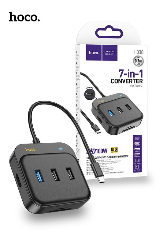 Hoco HB38 USB HUB Type-C PD100W Easy link 7-in-1 Multiport Adapter HDMI SD TF 4USB - Black