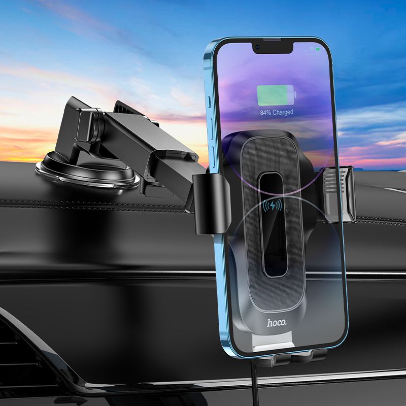 Hoco HW3 Portable 15W Fast Wireless Charger Car Holder - Black-dash mount Kickstand
